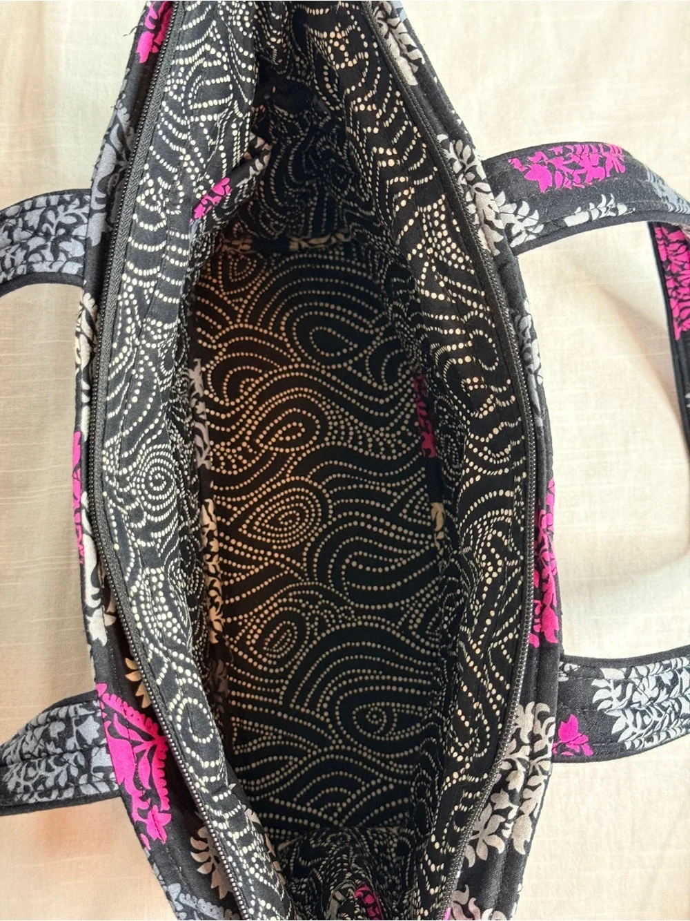 Vera Bradley Tote Shoulder Bag Northern Lights Black Pink Leaf Print Cotton